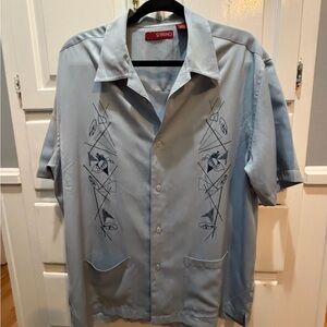 Cuban Shirt Men’s Blue Poly Embroidered With Instruments Jazzy Sobrino Large Hip